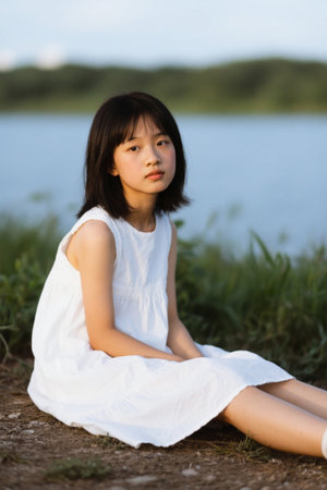 Outdoor lakeside girl sits inの素材