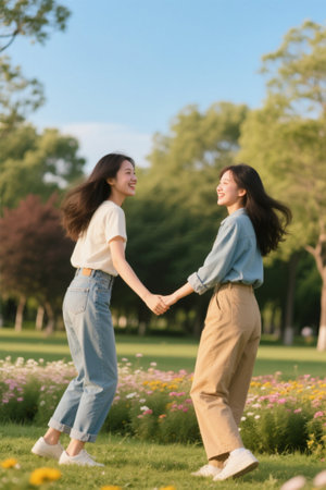 Two young women holding hands in the parkの素材