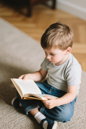 Little boy sitting on carpet reading a bookの素材