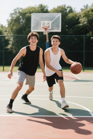 Two men play basketball on an outdoor basketball courtの素材