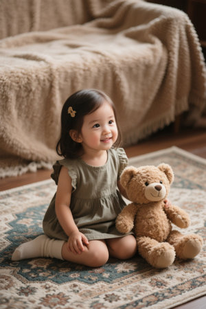 Indoor little girl smiling with teddy bearの素材