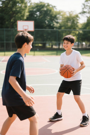 Outdoor basketball court boys playing basketballの素材
