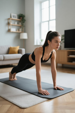 Home based women doing push ups for fitnessの素材
