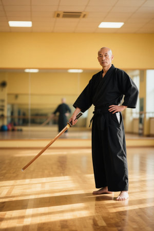 Man with sword and kimono in training roomの素材