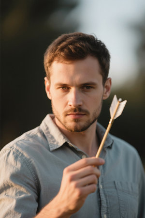 Close up of young man holding arrow outdoorsの素材