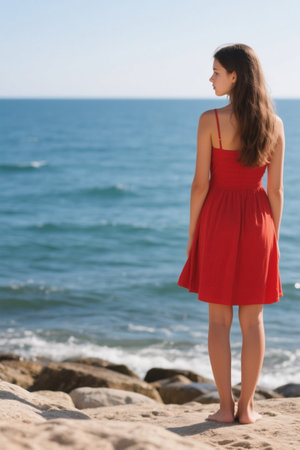 The girl in red with her back at the beachの素材