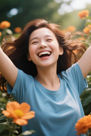 Smiling young woman outdoorsの素材