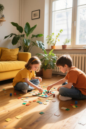 Children playing table games at homeの素材