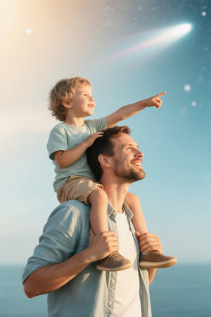 Father carrying son on his shoulders looking up at the sky togetherの素材