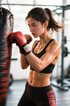 Women's boxing training in the gymの素材