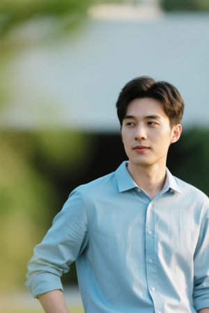 Young man wearing a blue shirt outdoorsの素材