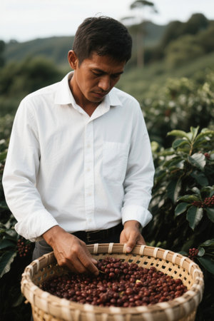 Man picking fruit in orchardの素材