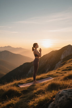 Hilltop woman doing yoga meditationの素材