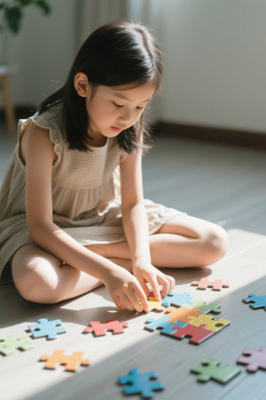 Little girl focuses on puzzle making indoorsの素材