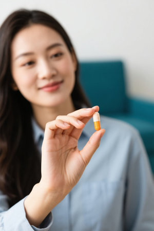 Women holding pills displayの素材