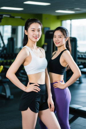 Images of two female fitness enthusiasts in the gymの素材