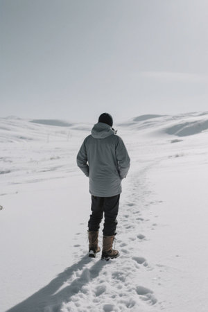 Man standing in the snow looking outの素材