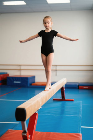 Little girl practicing balance on balance beamの素材
