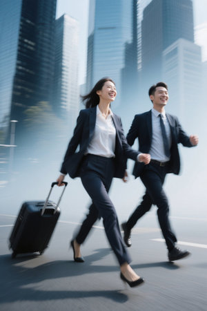 Business people carry suitcases and run around the cityの素材
