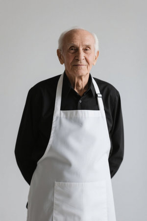 Front portrait of an old man in an apronの素材
