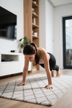 Women doing push ups at home fitness imagesの素材