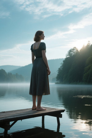 Woman stands on the wooden boardwalk by the lake and looks out at the sceneryの素材
