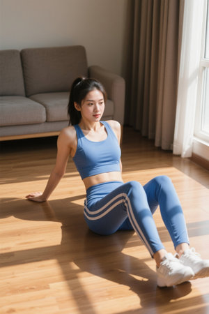 Young women who relax and exercise at homeの素材