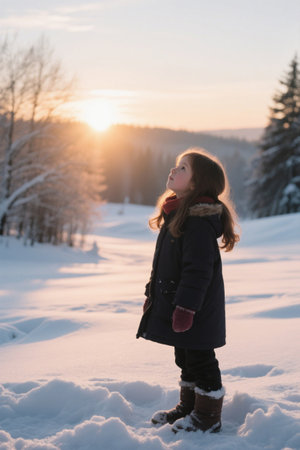 Little girl looking up in the snowの素材
