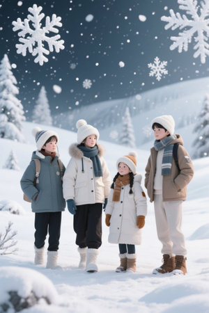 A few children standing in the snowの素材