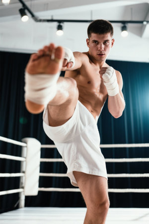 Boxers perform kicking drills in the ringの素材
