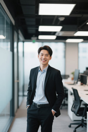 Men in suits stand smiling in the officeの素材