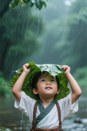 Children cover their heads with leaves in the rainの素材