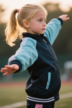 Little blonde girl with arms stretched out outdoorsの素材