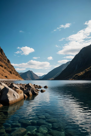 Clear lake and rocky landscape in the mountainsの素材
