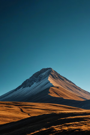 Snowy mountains and grassland scenery in the sunの素材