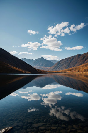 Mountains and lakes complement the blue sky and white cloudsの素材