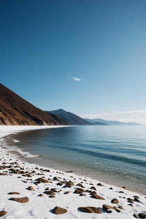Beach and clear water landscape under the snow capped mountainsの素材