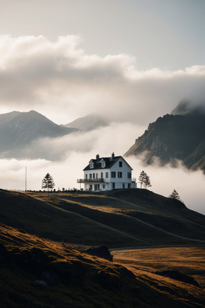 Mountain hut surrounded by mistの素材