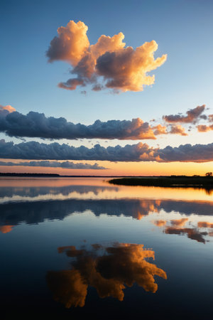 The lake reflects the beautiful sunset skyの素材
