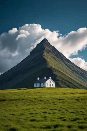 White huts and green landscape at the foot of the mountainの素材