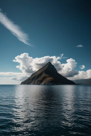 Lonely mountain at sea and blue sky and white clouds landscapeの素材