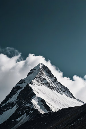 Towering snow capped mountains and white cloudsの素材
