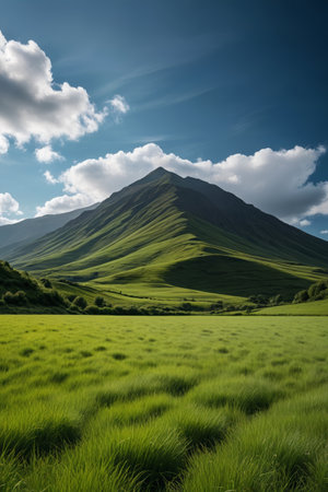 Green grassland and distant mountains with blue sky and white clouds landscapeの素材
