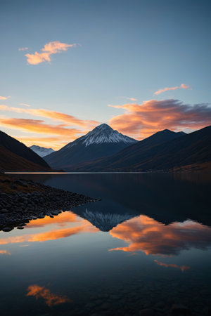 Beautiful scenery of snow capped mountains by the lake and sunset skyの素材
