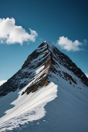 Snow mountain scenery under blue sky and white cloudsの素材