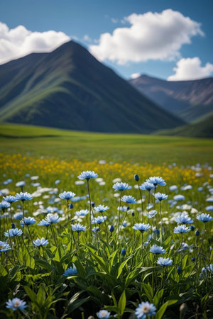 Grassland blue flowers and distant mountain sceneryの素材