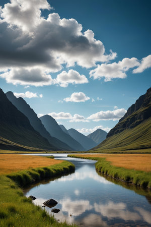 Rivers in the valleys and blue sky and white cloudsの素材
