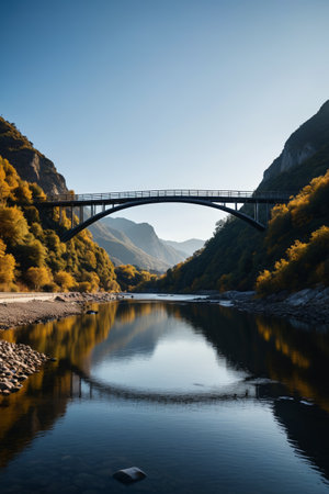 Arched bridge scenery on the valley riverの素材