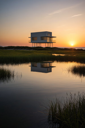 Modern architecture at sunset by the seaの素材