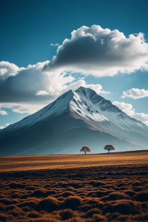 Open grassland and tree landscape under the snow capped mountainsの素材